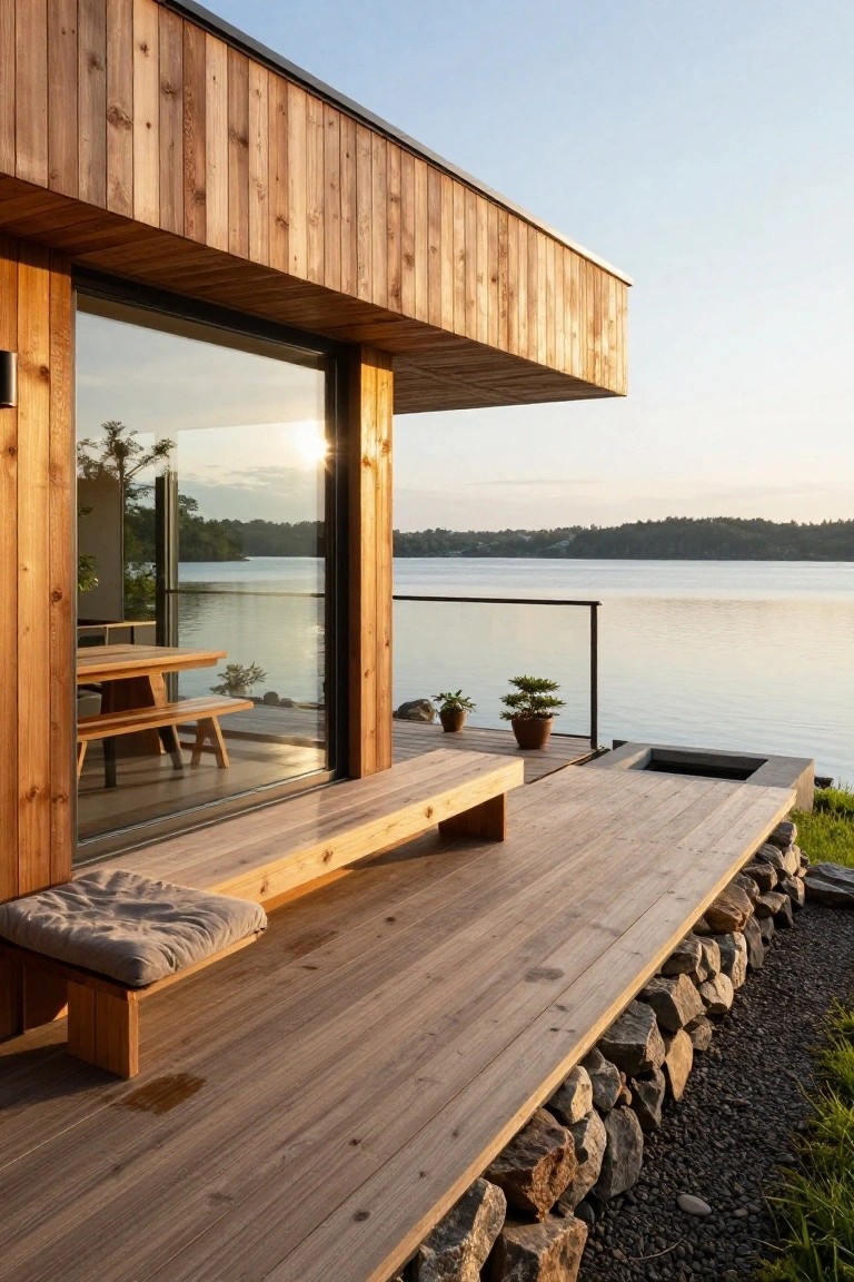 Wooden house with cantilevered upper section over a deck, featuring a built-in bench, potted plants, glass wall overlooking a lake, and stone retaining wall at the base.