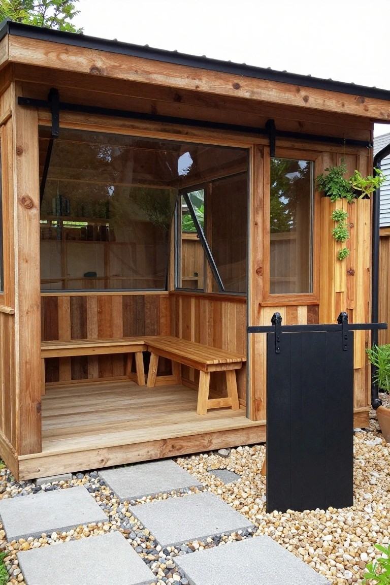Wooden outdoor sauna cabin with glass-paneled walls, L-shaped cedar benches inside, sliding black barn door, gravel path, and nearby plants in a backyard setting.