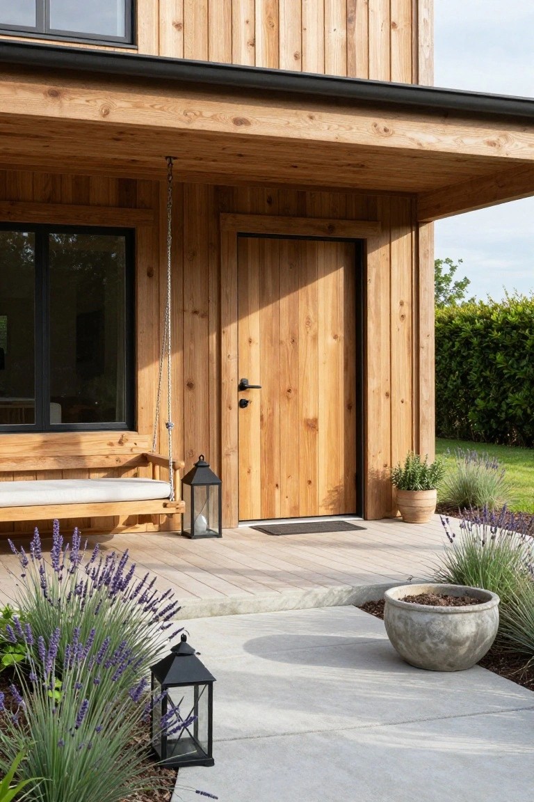 Wooden house exterior with covered porch, hanging bench swing, wooden front door, black lanterns, potted plants, lavender bushes, and concrete path.