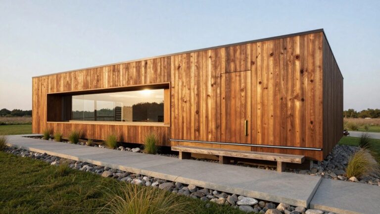 Modern wooden house exterior with vertical timber cladding, black metal roof and window frames, large horizontal window with LED strip lighting, elevated structure accessed by concrete steps and gravel pathway edged with grasses and rocks amid trees.