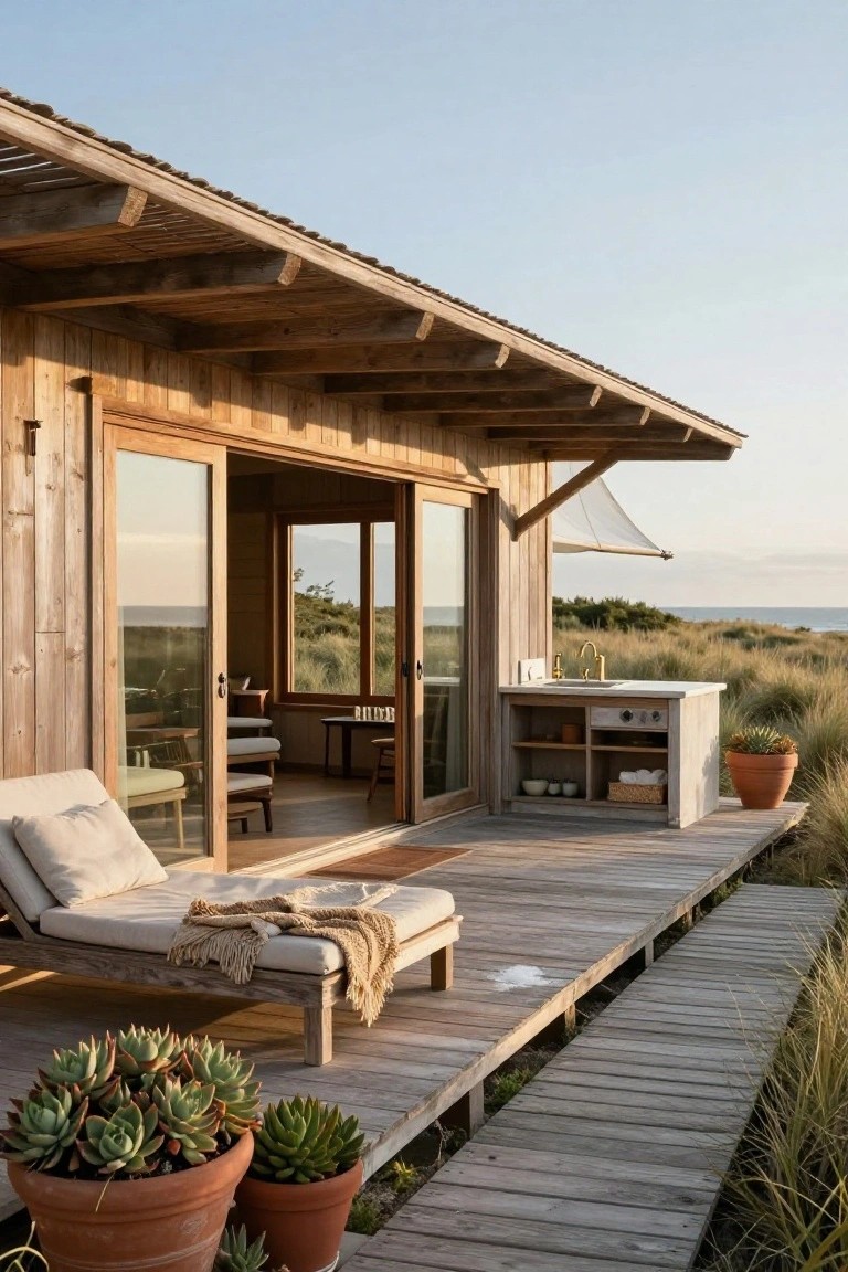 Beachfront wooden deck with lounge chair, outdoor kitchen, and potted succulents.