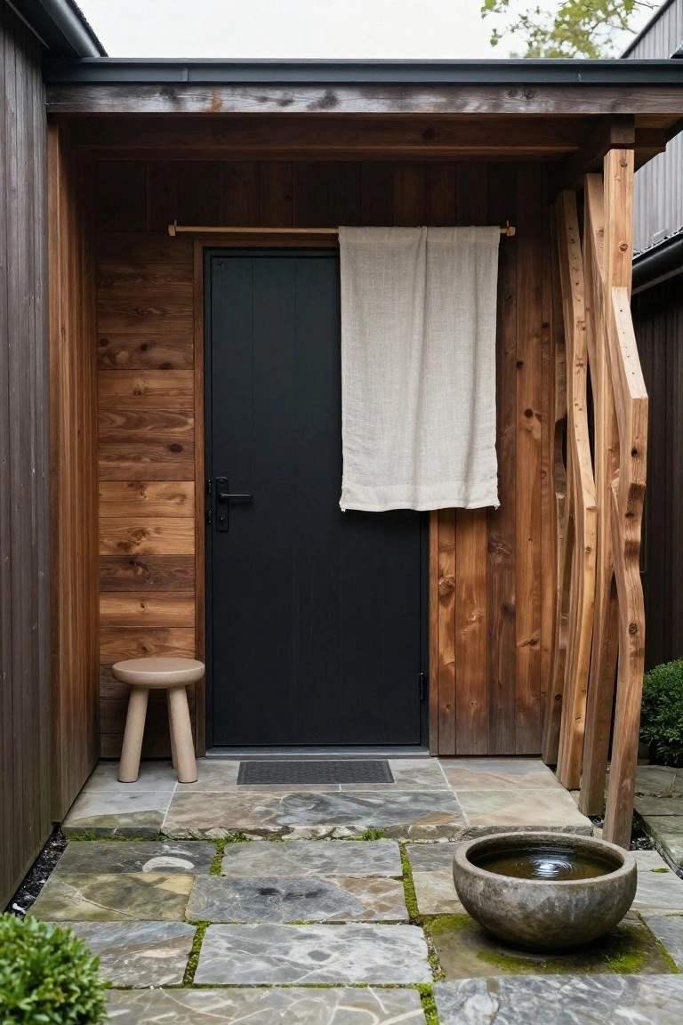 Close-up exterior view of a modern house entrance with dark wood cladding, a black door partially screened by a hanging beige linen curtain on a rod, sculptural wooden posts, a small round stool, irregular stone pavers, mossy patches, boxwood shrubs, and a large ceramic water basin on the ground.