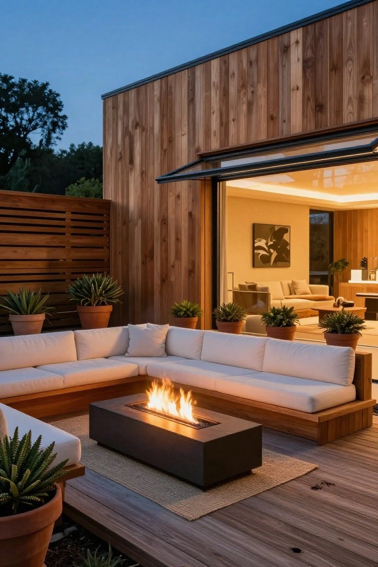 Wooden house exterior at dusk with open glass doors to interior, outdoor wooden deck holding white L-shaped sofa around black rectangular gas fire table with flames, potted plants, and neutral rug.
