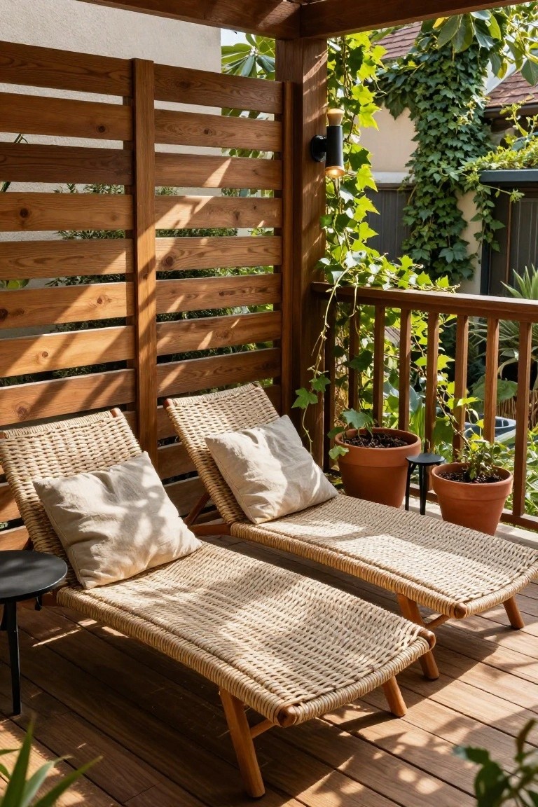 Two beige woven loungers with white cushions on a wooden deck next to horizontal slatted wooden privacy screens overgrown with ivy and surrounded by potted plants under a pergola.