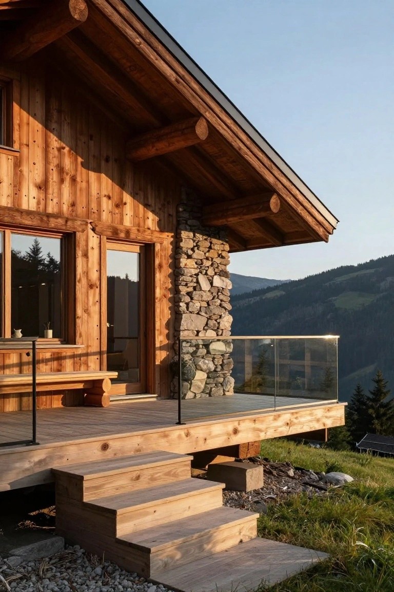 Side view of a modern chalet house featuring light wood cladding and log accents over a gray stone base, with a glass-railed wooden balcony and steps leading to grass, set against mountain scenery.