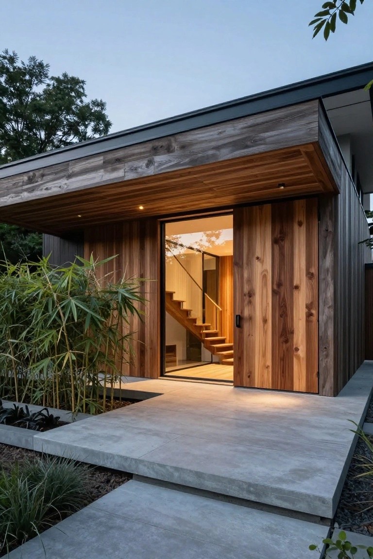 Modern house exterior with vertical wooden cladding on walls and overhang, open glass entry door revealing interior wooden staircase, concrete landing path, and surrounding bamboo plants.