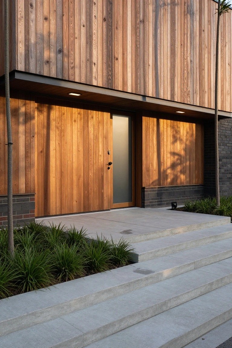 Modern house exterior with tall vertical wooden cladding in warm tones, a slim frosted glass entry door with black handle, black metal overhang, brick base, concrete steps, and low green plantings beside a palm tree.