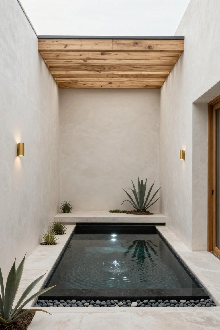Narrow rectangular black plunge pool in a white stucco-walled courtyard with exposed wooden beam ceiling, agave plants, gold wall-mounted lights, and black pebble border on stone flooring.