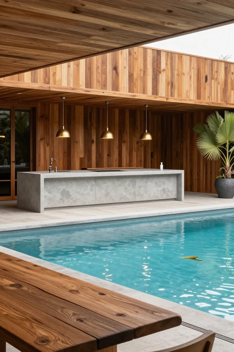 Outdoor kitchen area with gray concrete countertop and sink under wooden slatted ceiling and walls, featuring three gold pendant lights, next to a turquoise swimming pool and a wooden dining table with chair.