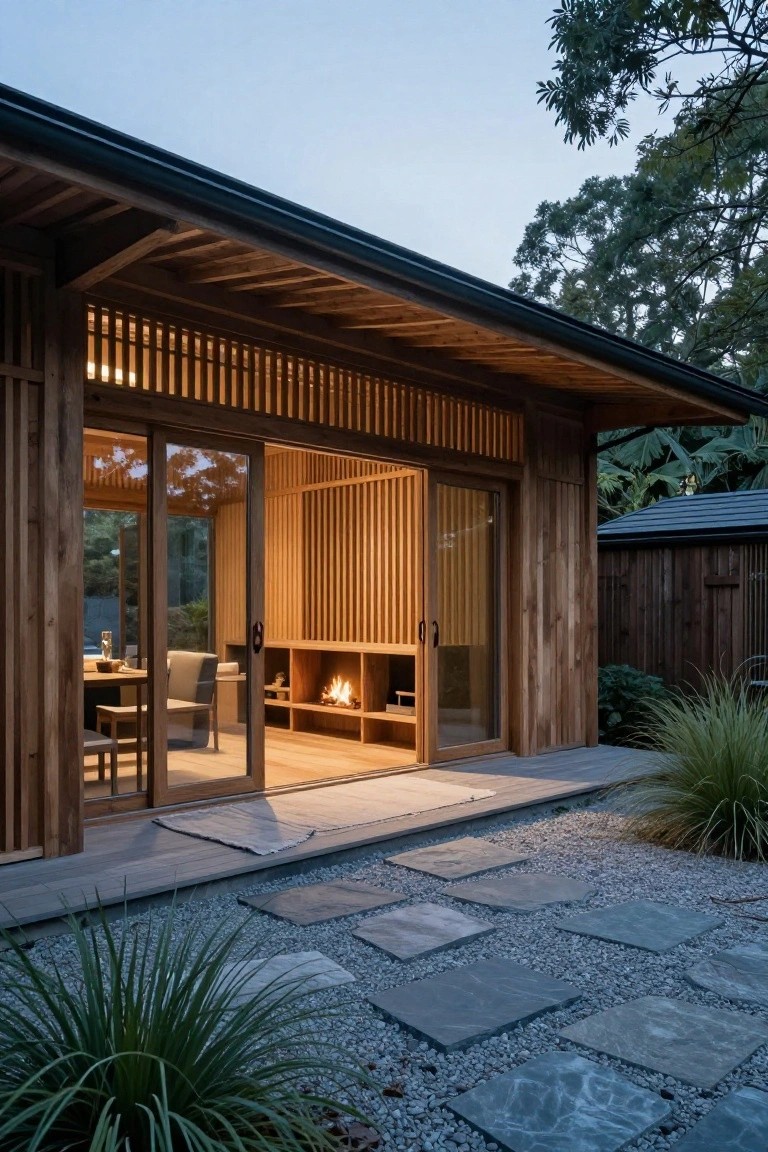 Exterior of a modern wooden house at dusk with large open sliding glass doors revealing an interior space with wooden walls, a fireplace, table, and chairs, adjacent deck leading to gravel path with stone pavers and grasses.