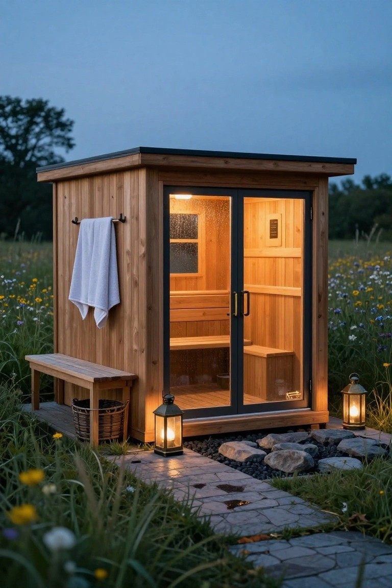 Wooden outdoor sauna cabin with vertical cedar siding, glass double doors showing interior bench and steam, white towel hanging on side, exterior bench, lanterns, stone path, and surrounding wildflowers and grass at dusk.