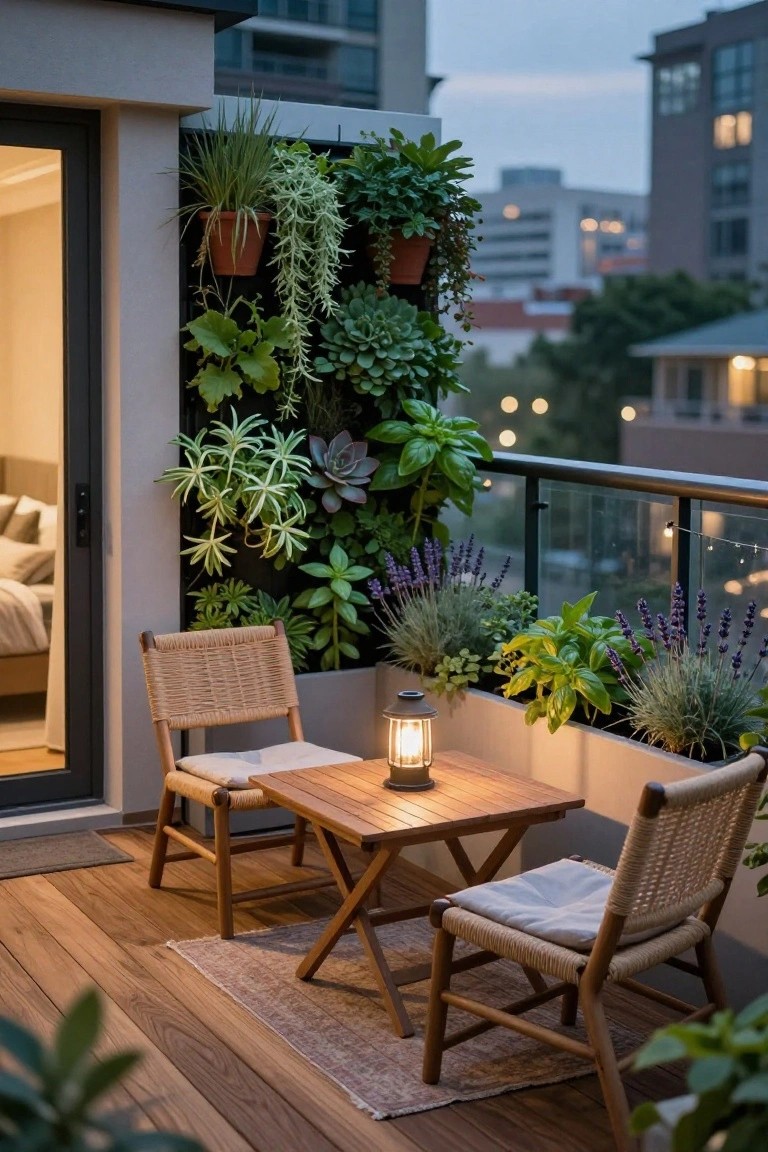 Wooden deck balcony at dusk with two rattan chairs at a small wooden table, a lit lantern, vertical green plant walls, potted plants, glass door to bedroom interior, and cityscape view.