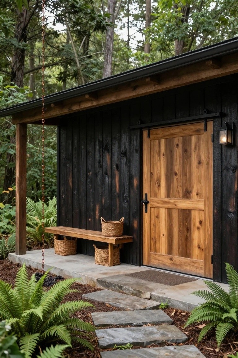 Small black wooden cabin with sliding barn-style wooden door, covered porch with wooden bench and wicker baskets, stone path, ferns, and surrounding forest trees.