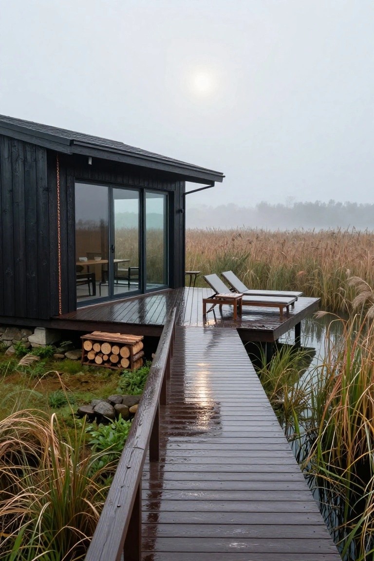 Black wooden cabin with large sliding glass doors, wooden deck, and walkway extending over reedy water to a dock with lounge chairs in foggy conditions.