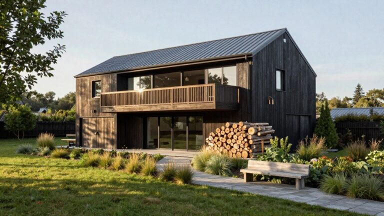 18 Organic Wood Architecture Ideas That Blend Beautifully With Nature A two-story wooden house with vertical plank siding, gabled roof, large dark-framed windows, wooden bench by the entrance, stacked logs, fence, and grasses in a garden yard.