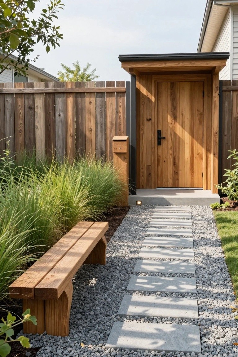 Gravel pathway with large rectangular concrete pavers leading to a wooden gate under a covered structure, flanked by tall ornamental grasses and a wooden bench next to a wooden fence in a backyard.