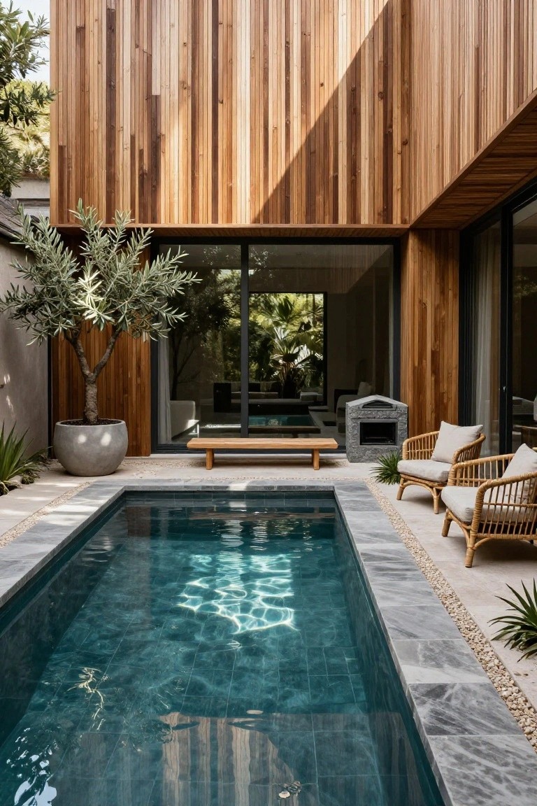 Narrow rectangular swimming pool in a courtyard with gray pebble edging, wooden bench alongside, two rattan chairs with cushions, stone fire pit, potted olive tree, and tall wooden walls with large glass doors.
