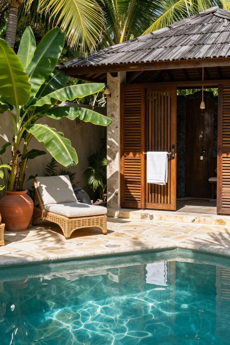 Open wooden louvered shutters on an outdoor shower enclosure next to a swimming pool, with a lounge chair, potted plants, and tropical greenery surrounding a stone patio.