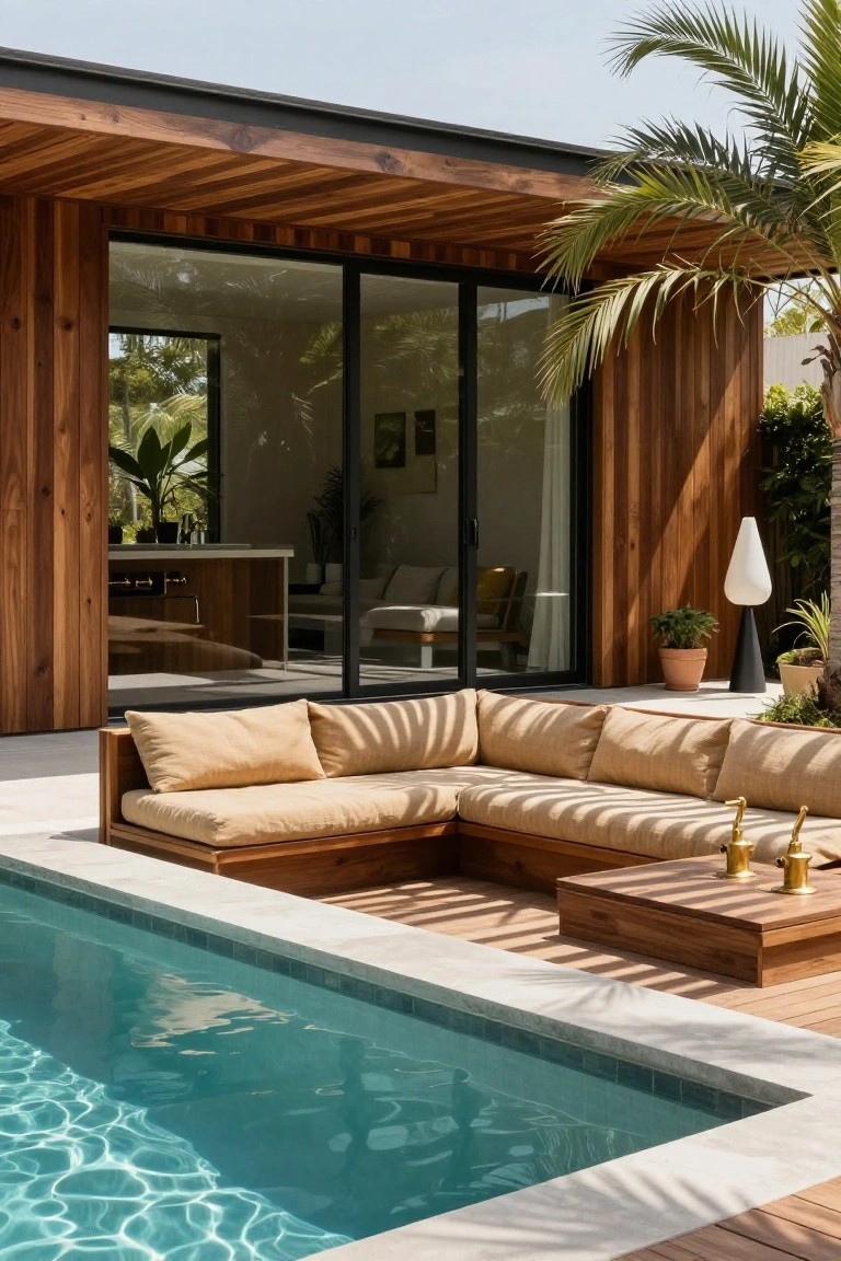 Wooden house exterior with large black-framed glass sliding doors open to a beige L-shaped outdoor sofa on a terrace next to a turquoise pool, low wooden table with brass items, palm trees, and plants nearby.