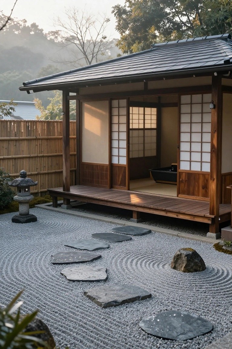 Wooden Japanese-style pavilion on a deck with open shoji screens showing a black soaking tub inside, fronted by raked white gravel zen garden containing irregular flat stepping stones, a stone lantern, mossy rocks, and plants.