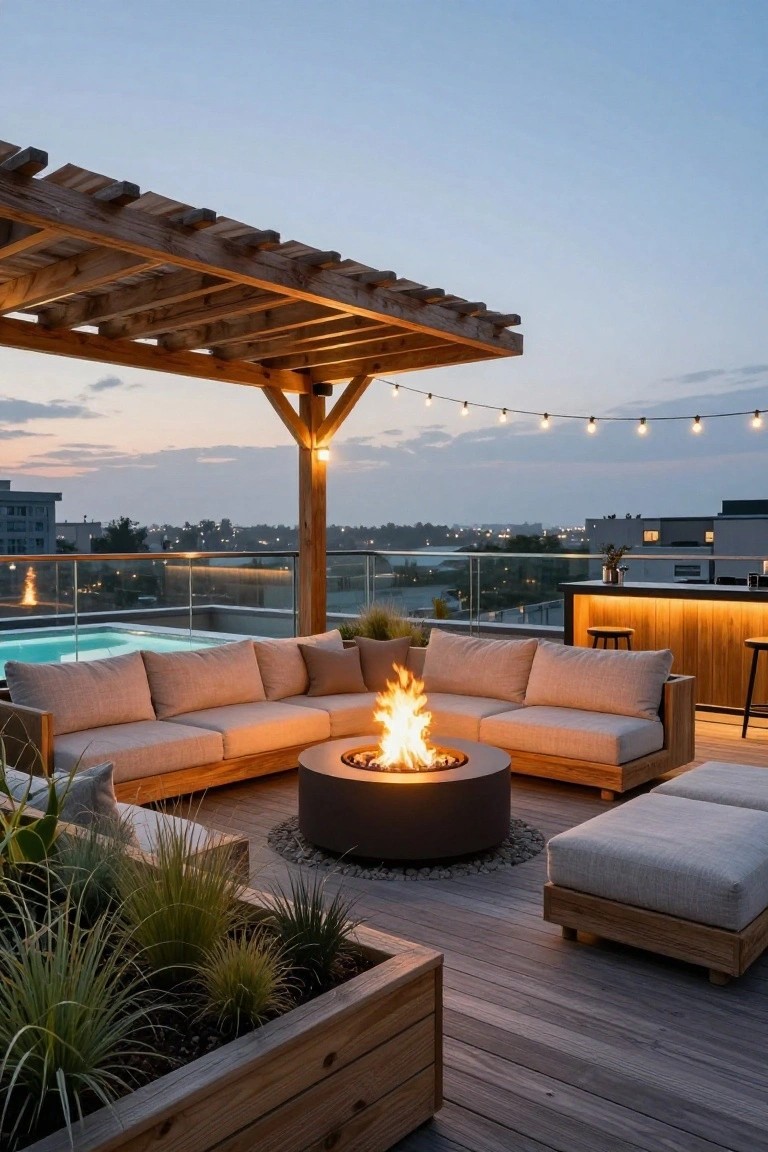 Rooftop terrace with wooden pergola, curved beige outdoor sofa around a central gray fire pit, infinity pool, bar counter, potted grasses, and cityscape view at dusk.