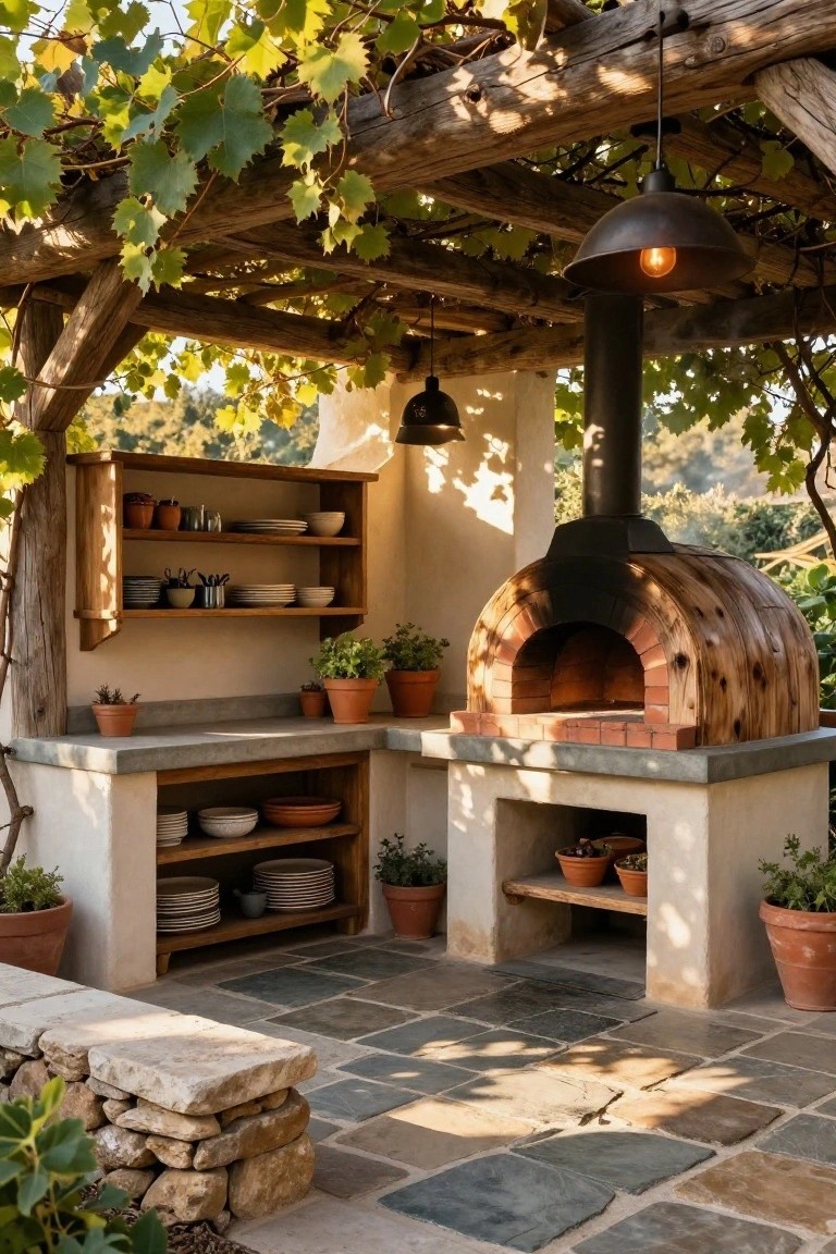 Outdoor kitchen with a wood-fired oven featuring wooden cladding and brick archway, under a wooden pergola covered in grape vines, stone counters, wooden shelving stocked with dishes and pots, potted plants, and stone tile flooring.