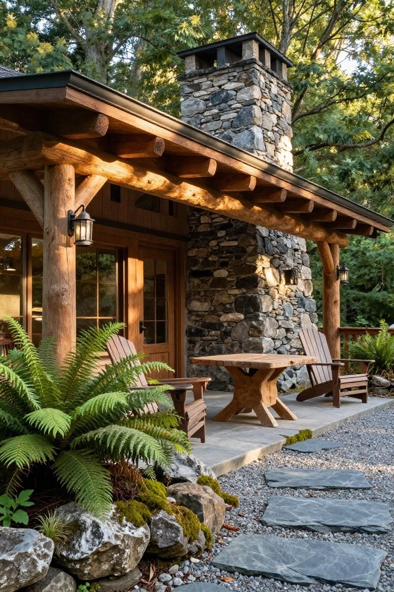 Rustic log cabin porch with wooden Adirondack chairs and table under covered log beams, stone chimney, ferns, rocks, gravel ground, and slate stepping stone path.