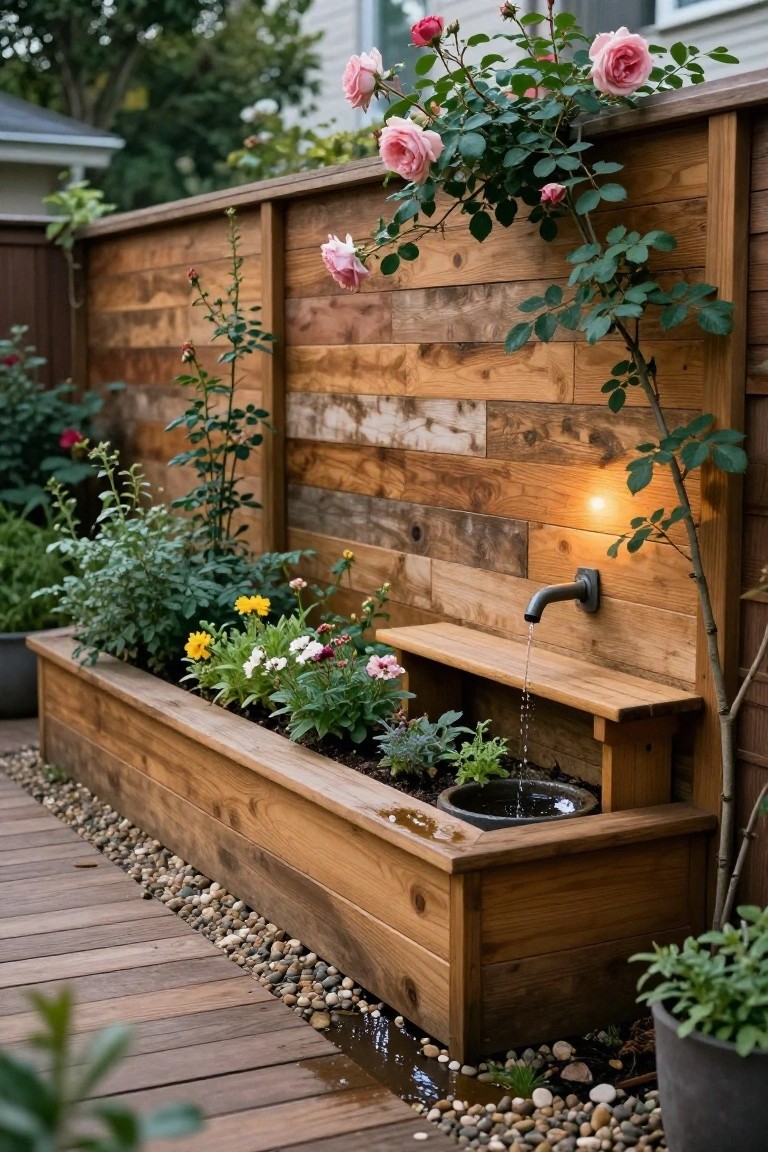 Wooden raised planter box against a horizontal wood fence with climbing pink roses and various plants, featuring a wall-mounted metal faucet pouring water into a basin inside the planter, with a built-in wooden bench and adjacent deck path edged in pebbles.