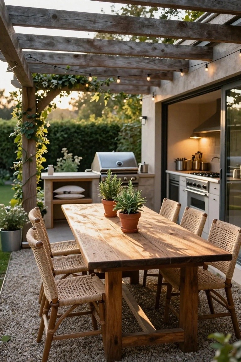 Gravel patio with a long rustic wooden dining table and rattan chairs under a wooden pergola, adjacent to an outdoor kitchen with grill and indoor kitchen visible through open glass doors, surrounded by plants and greenery.