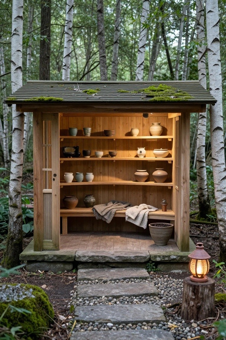 Open wooden pavilion with slatted walls and roof covered in moss, interior shelves displaying various ceramic pots and bowls, wooden bench with folded blanket, stone path leading through forest floor with birch trees surrounding it, lantern on stump nearby.