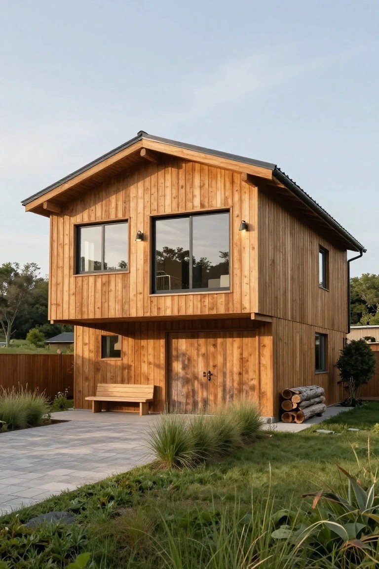 A two-story wooden house with vertical plank siding, gabled roof, large dark-framed windows, wooden bench by the entrance, stacked logs, fence, and grasses in a garden yard.