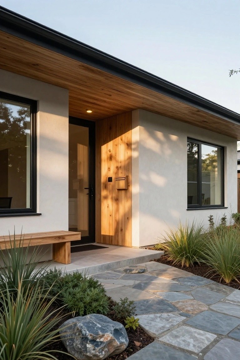 Modern house exterior featuring light stucco walls, black metal-framed glass door and windows, vertical wood paneling around the entry, wooden overhead beam and bench, stone pathway, and drought-tolerant plants with a large boulder.