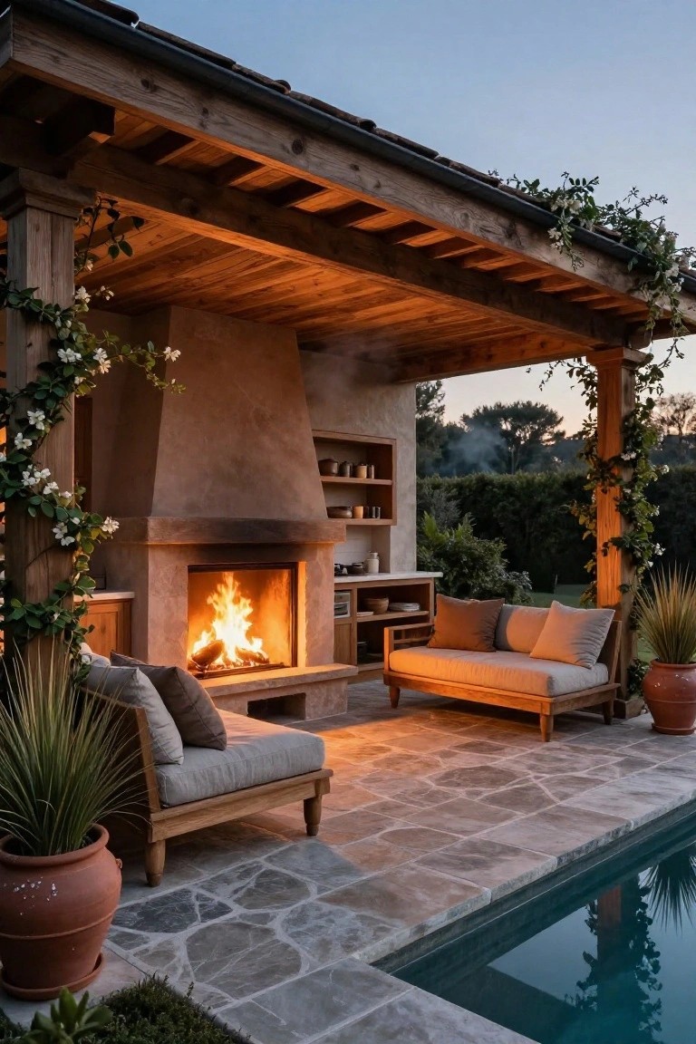 Wooden pergola with climbing vines covering a stucco outdoor fireplace, wooden daybeds with cushions, built-in shelves, potted plants, tiled patio, and adjacent pool at dusk.