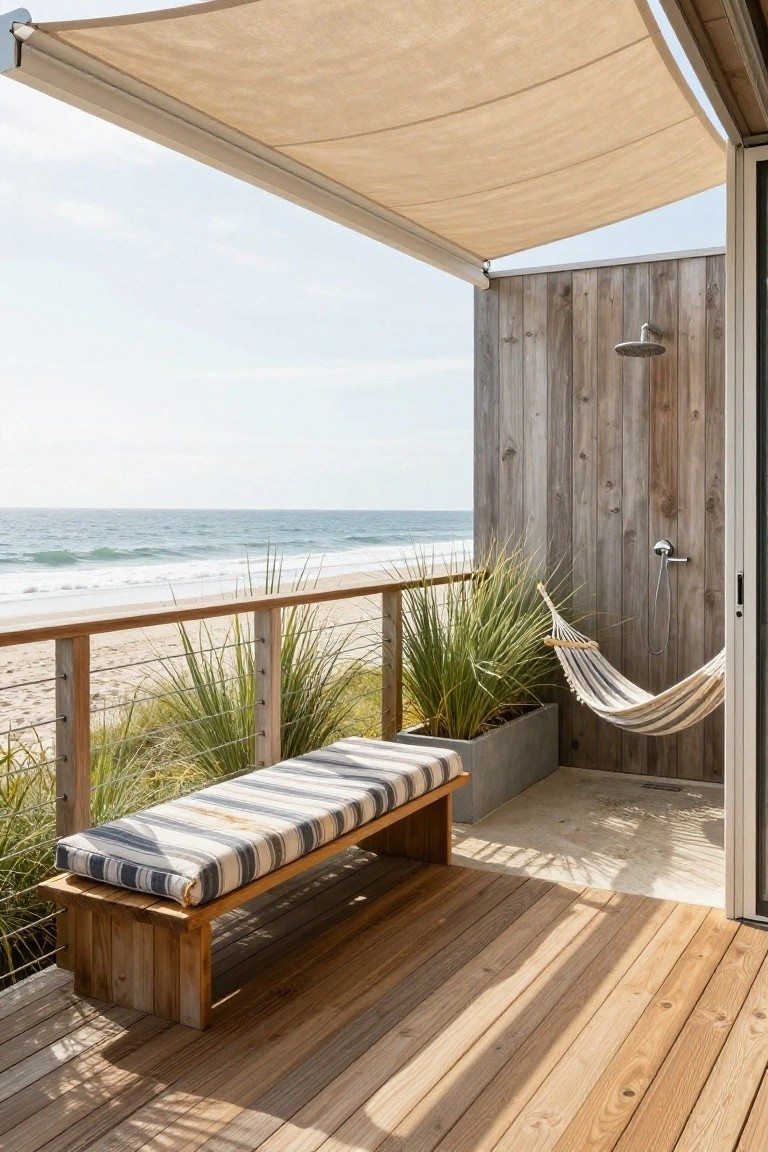 Wooden balcony deck featuring an outdoor showerhead and handheld sprayer on a cedar wall, a hammock, cushioned bench, potted grasses, railing overlooking beach and ocean, under a beige fabric awning.
