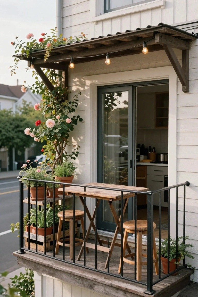 White wooden house exterior featuring a balcony with wooden pergola draped in pink and red climbing roses and string lights, small wooden table with two stools, potted plants on railing, and sliding glass door to kitchen.
