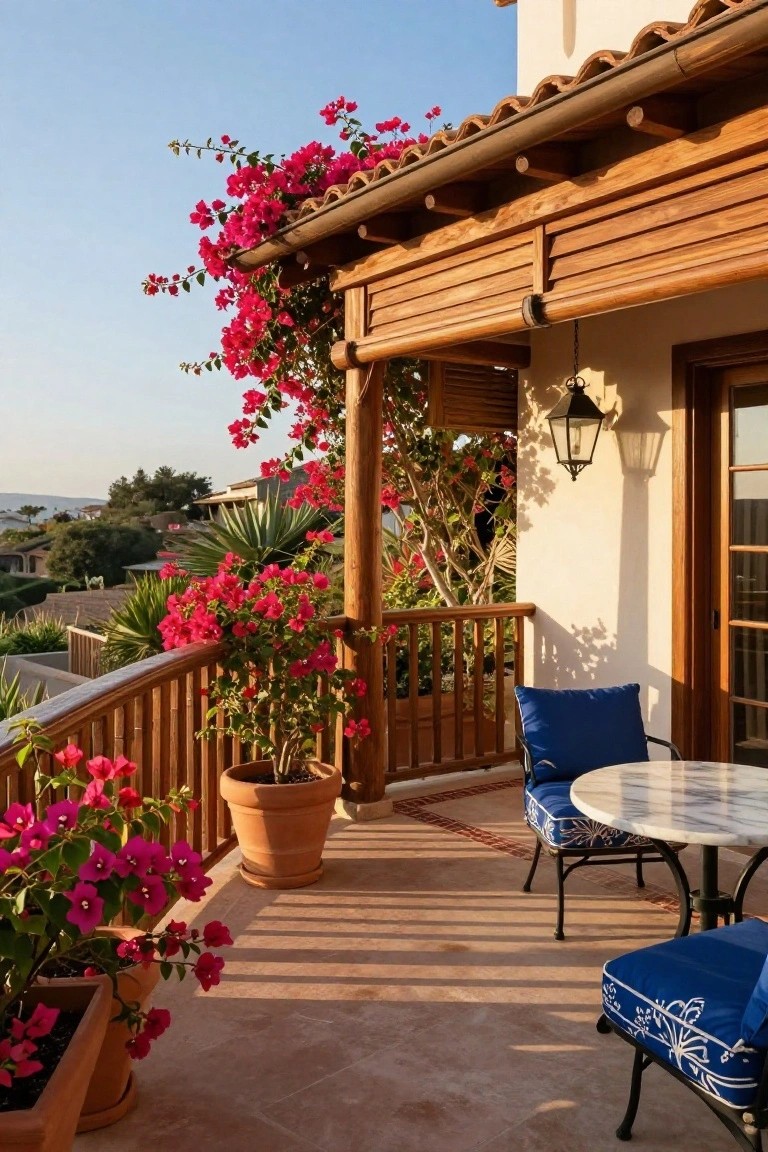 A wooden balcony with pink bougainvillea vines cascading over beams, railings, and roof edges, blue cushioned chairs at a round white table, terracotta pots, and a distant hillside view under a blue sky.