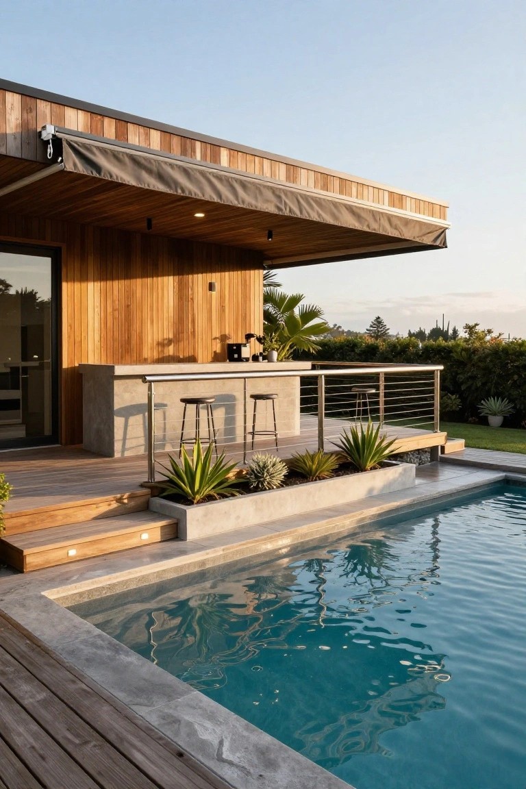 Wooden house exterior with a covered deck featuring a concrete bar counter, two bar stools, stainless steel railings, agave plants in concrete planters, and steps leading to a rectangular pool with concrete surround.
