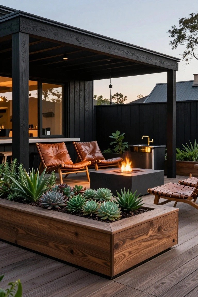 Wood deck patio under black-stained pergola featuring two tan leather lounge chairs facing a rectangular gas fire pit, gold sink bar, and large wooden planter box overflowing with succulents and agaves next to the house exterior.