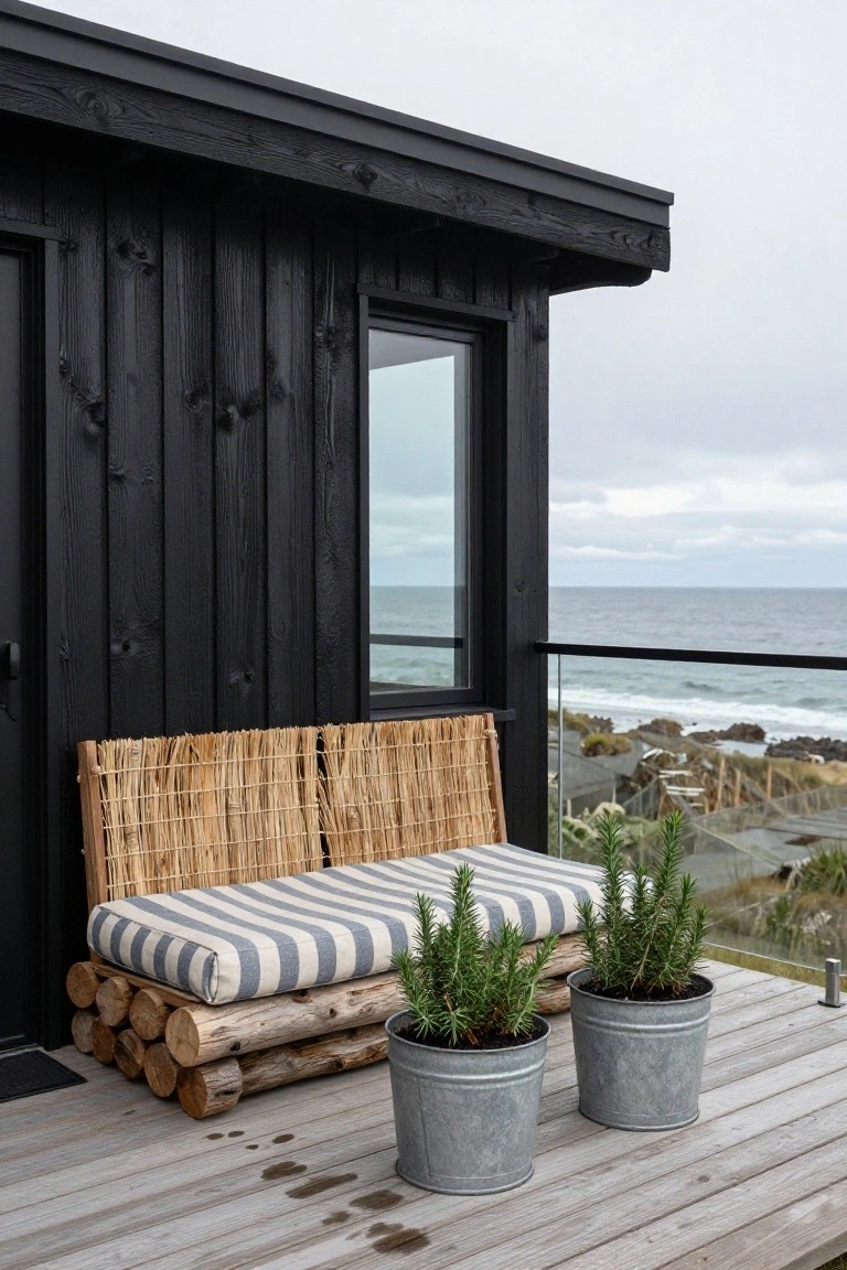 Black wooden house corner on a deck balcony with a bench of woven reed backrests on log bases and striped cushion, flanked by two metal buckets of rosemary plants, overlooking ocean rocks and waves.