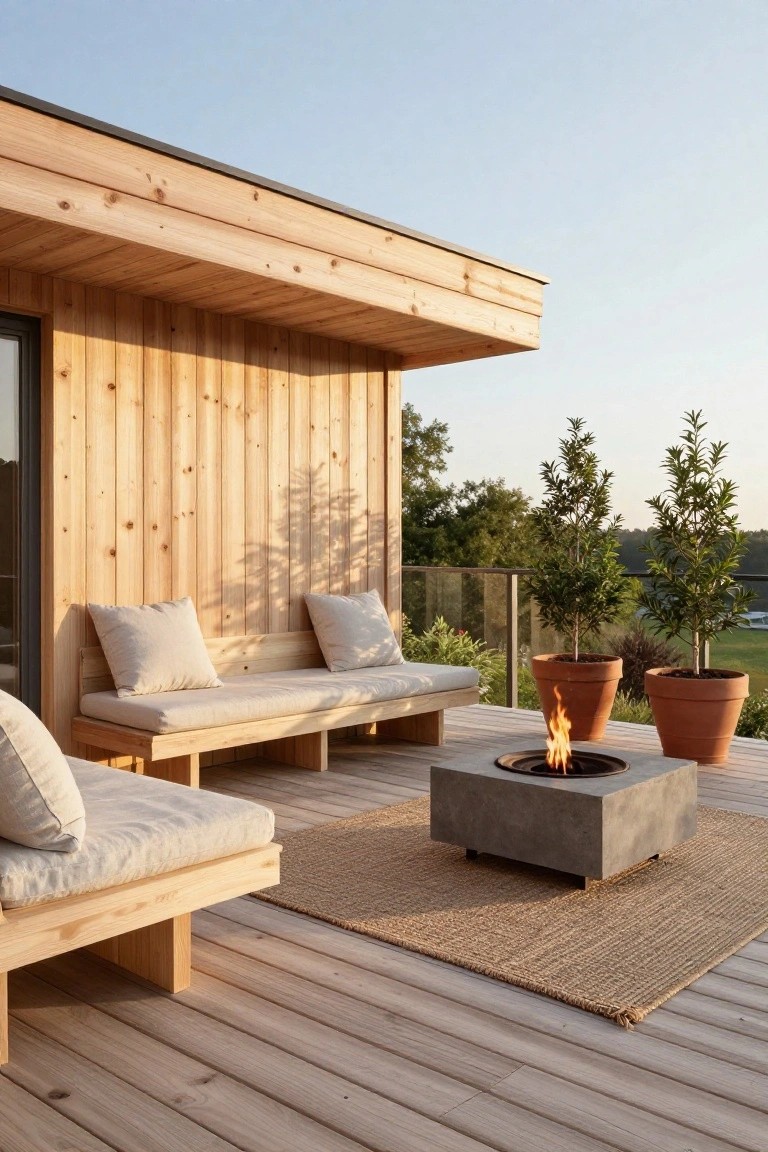 Wooden balcony deck with low built-in benches topped by white cushions, a central square concrete fire pit table, two terracotta pots with small trees, and glass railings overlooking greenery.