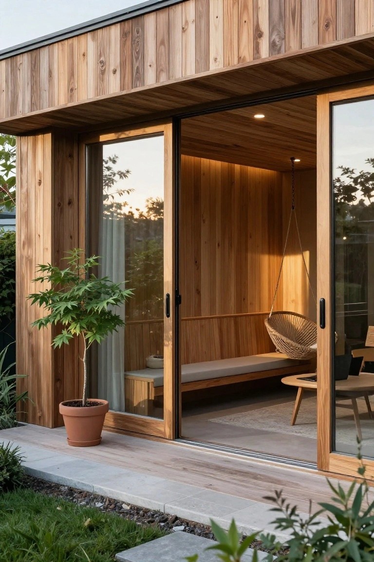 Wooden pod structure on a patio with open sliding glass doors showing interior bench, hanging rattan swing, small table, and a potted maple tree outside on stone pavers amid grass and plants.
