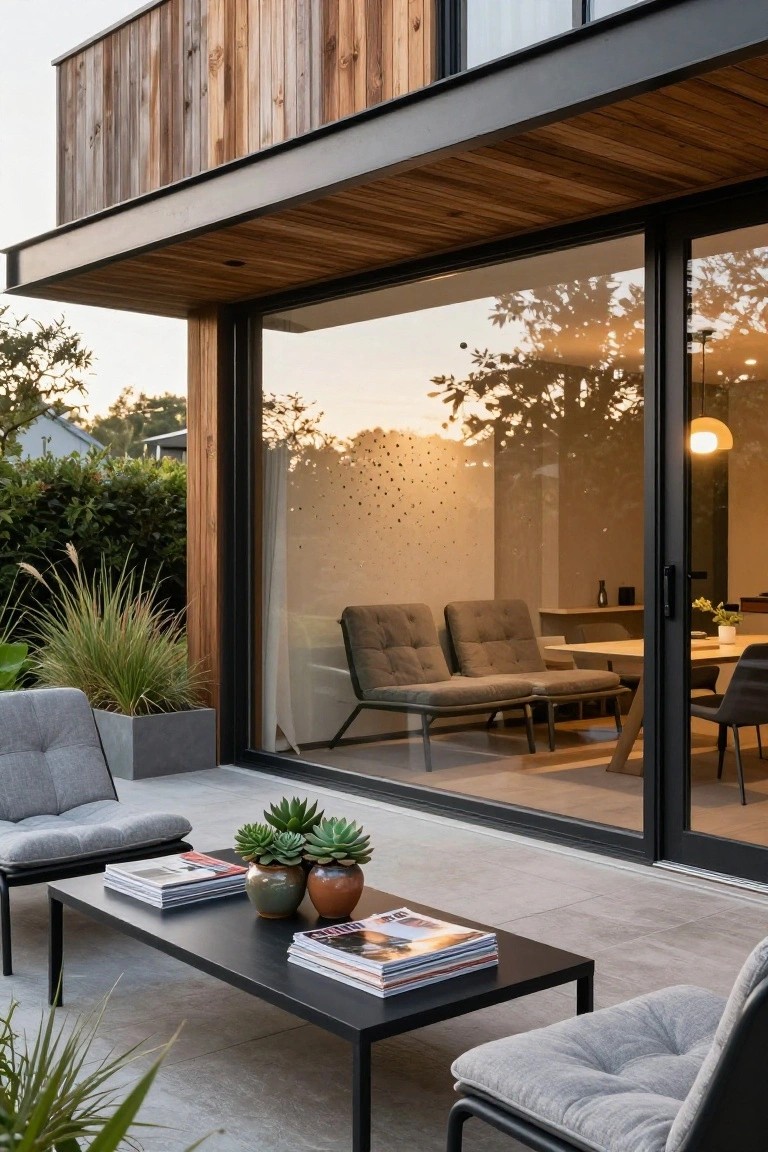 Wooden-clad house balcony terrace with gray tufted chairs, black metal coffee table holding magazines and potted plants, large open sliding glass doors revealing interior seating and dining area, surrounded by potted grasses and trees at dusk.