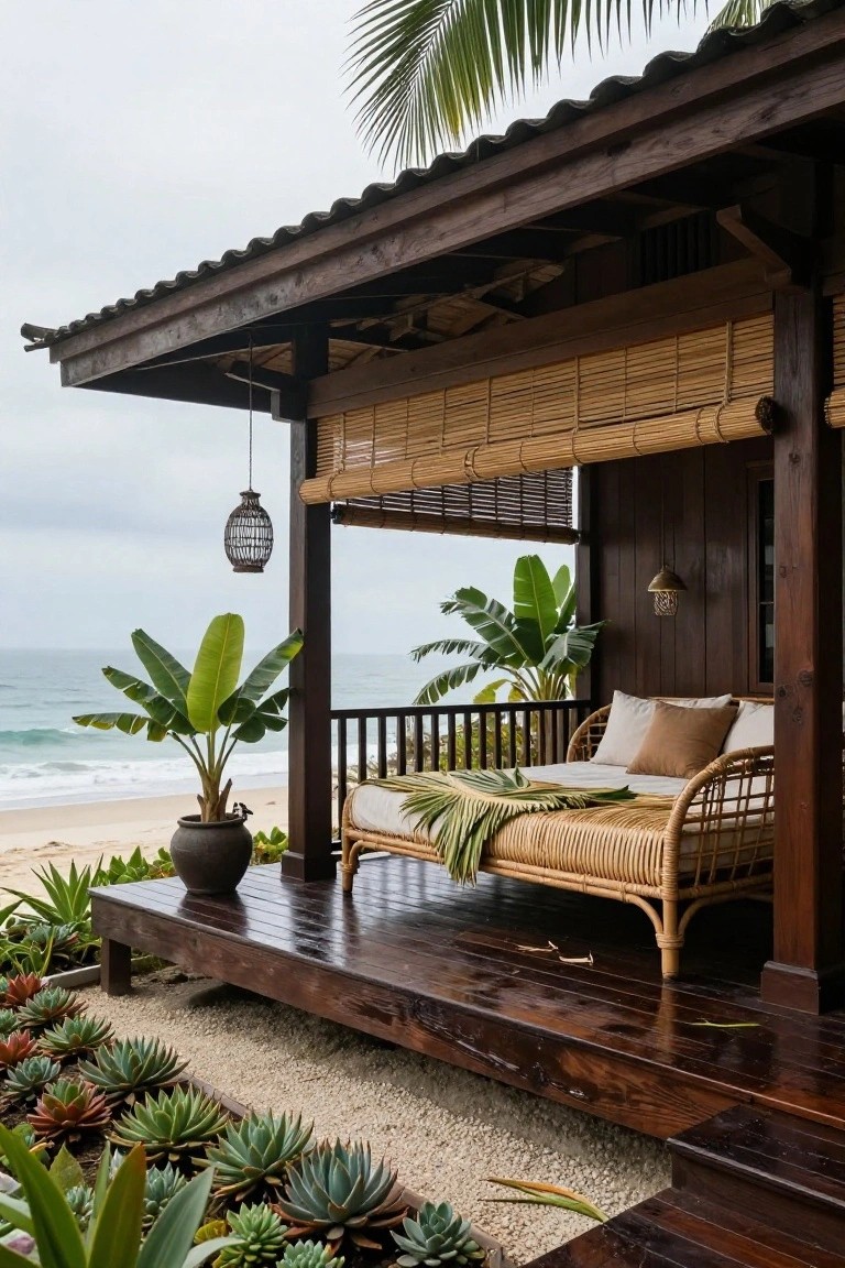 Wooden pavilion deck balcony overlooking the ocean, with a rattan daybed, banana plants, hanging lantern, and surrounding succulents and gravel path.