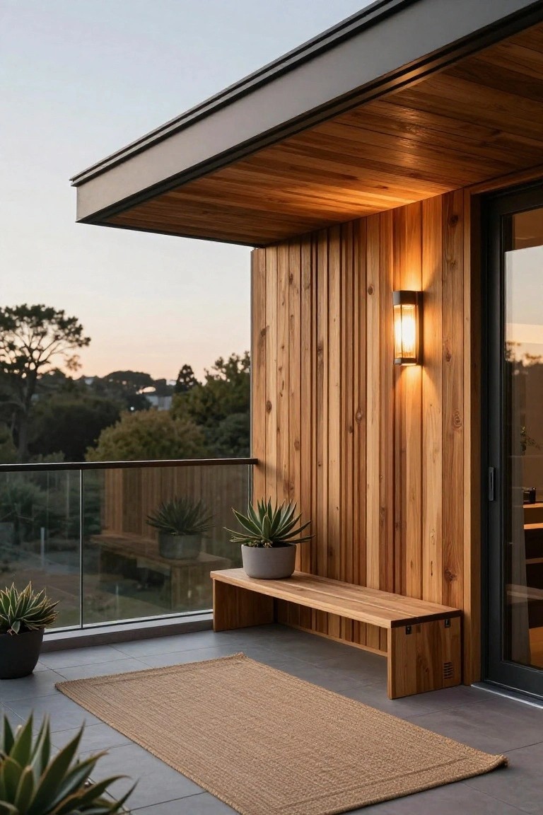 Wooden house exterior with overhanging roof, vertical wood cladding, built-in wooden bench on balcony holding potted plants, seagrass rug on concrete floor, glass railing, sliding glass door, and wall light at dusk with trees in background.