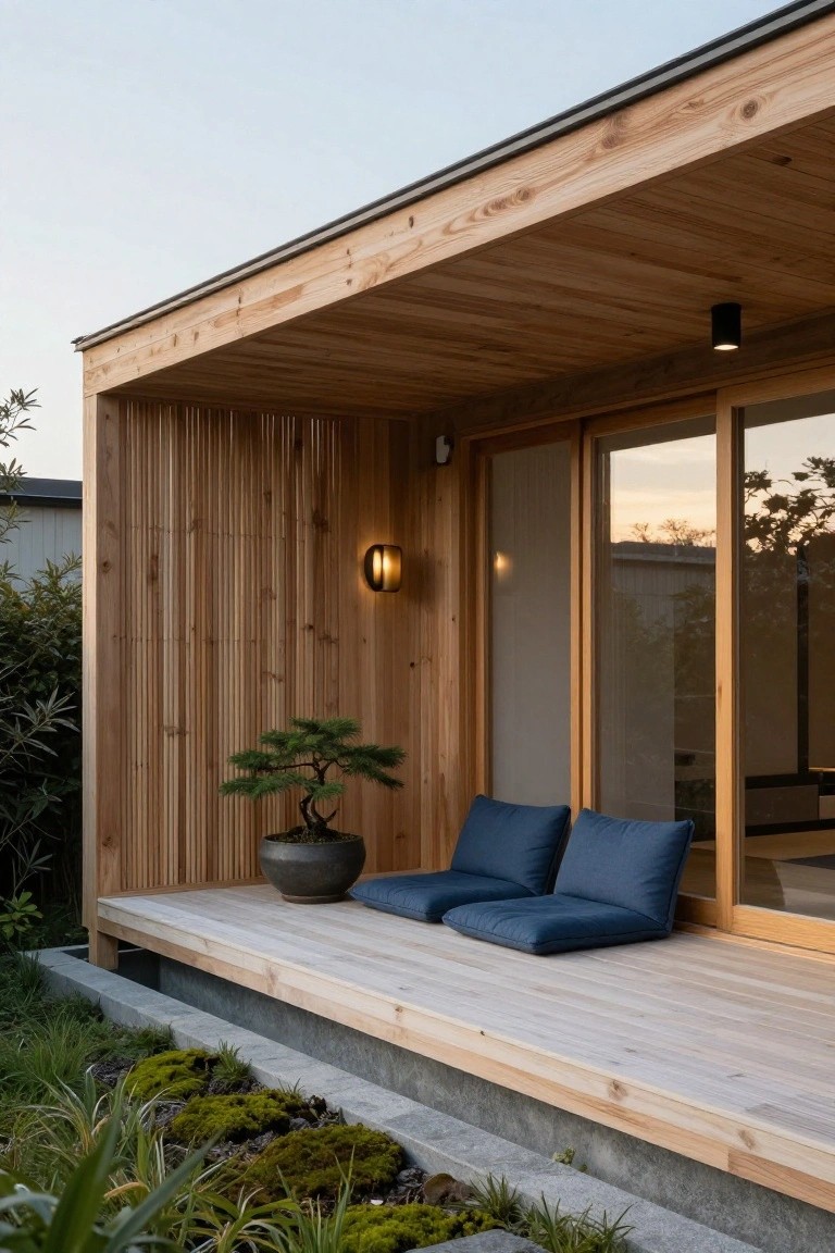 Modern wooden house exterior with covered deck, blue floor cushions, potted bonsai tree, sliding glass doors, vertical wood slats, and low plants around the base.
