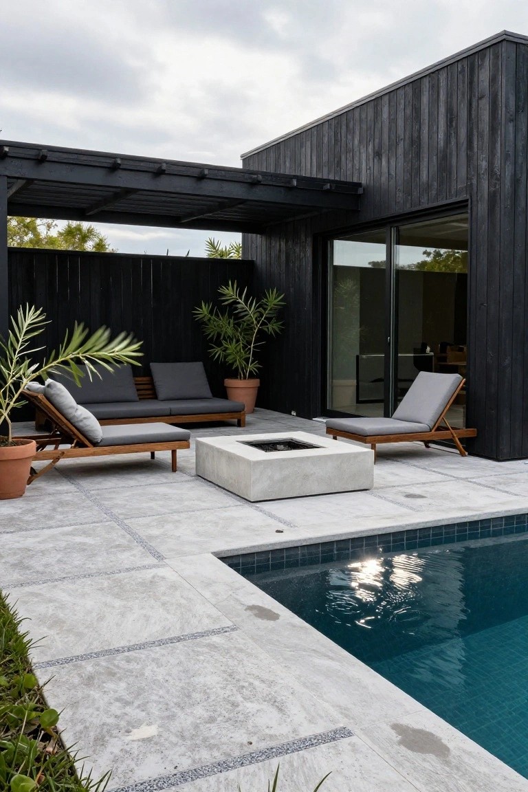 Black timber pergola covering wooden lounge chairs with gray cushions, potted palm plants, and white concrete fire pit table on light gray tiled patio next to blue swimming pool and black wood house wall.