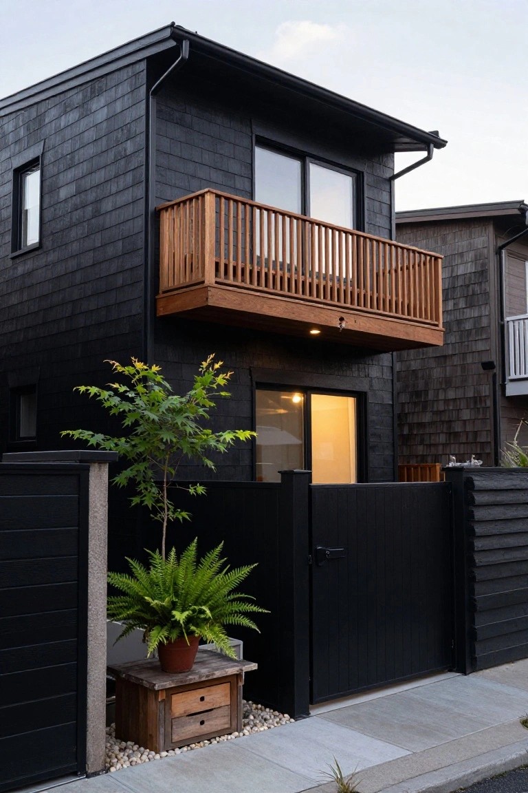 Modern two-story house with black shingle siding, upper wooden balcony with railing, front black wood gate, young green maple tree, potted fern on wooden stand with drawer, gravel ground cover, and concrete entry path.