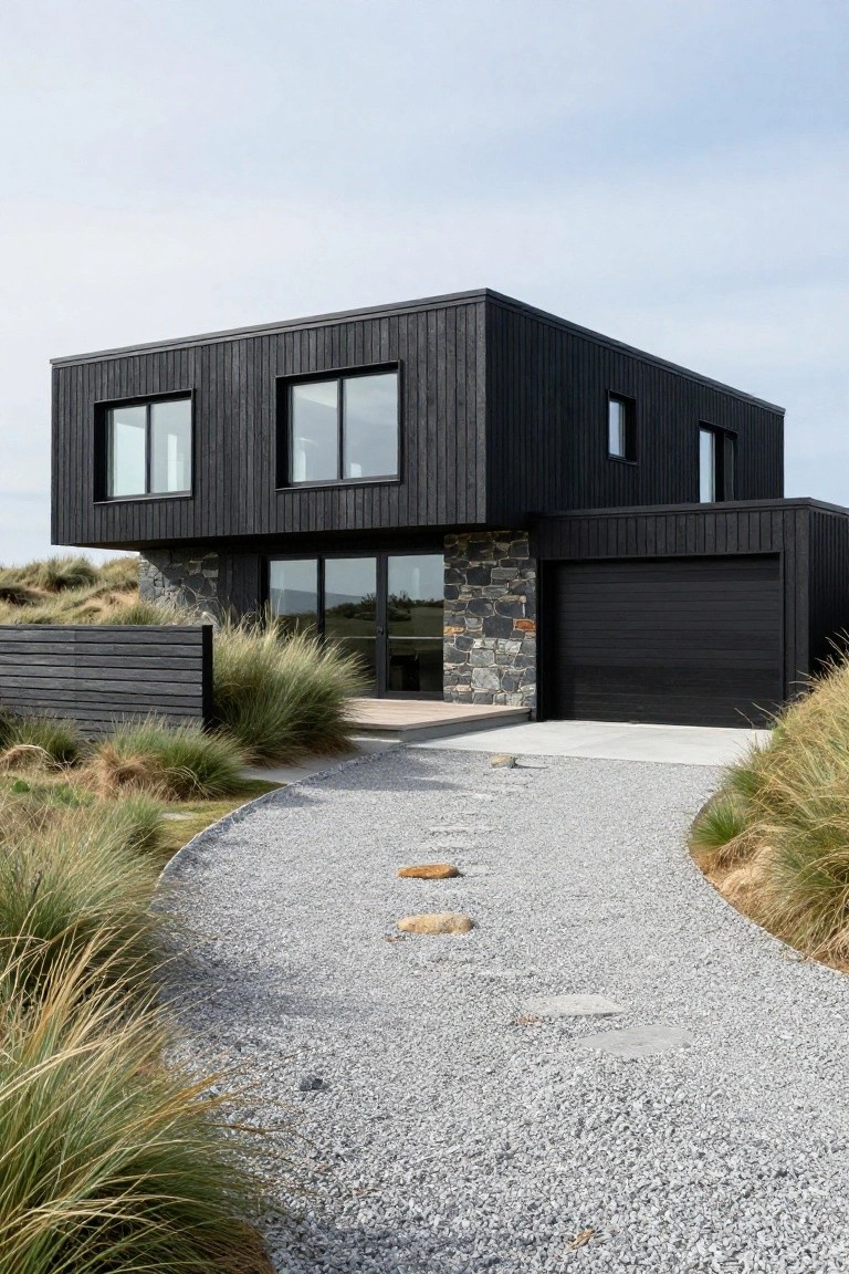 Modern two-story black wooden house with vertical cladding, stone base, large windows, attached garage, gravel driveway, and surrounding dune grasses.