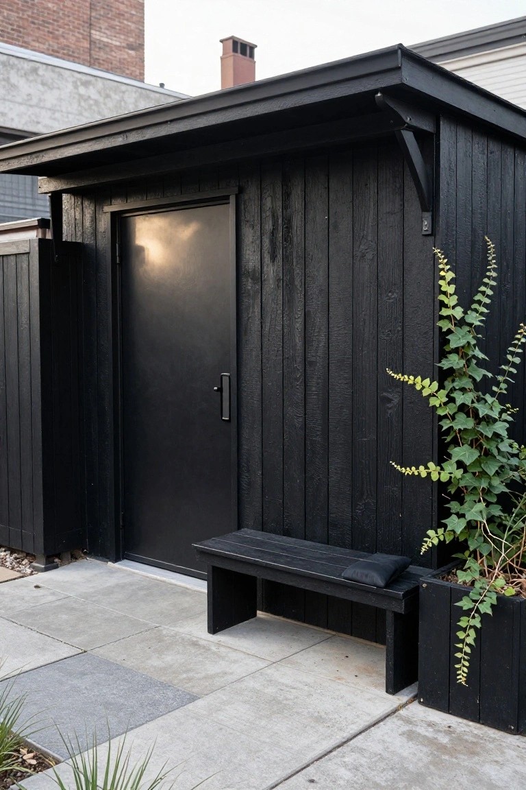 Black wooden garden shed with vertical plank siding, a metal door, bench seating beside the entrance, ivy in a planter, and a paved path in a backyard.