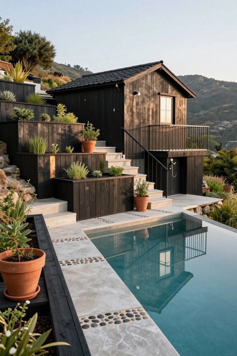 Black wooden house perched on a terraced hillside with black wood planter boxes filled with plants, stone steps descending to an infinity-edge pool that reflects the house.